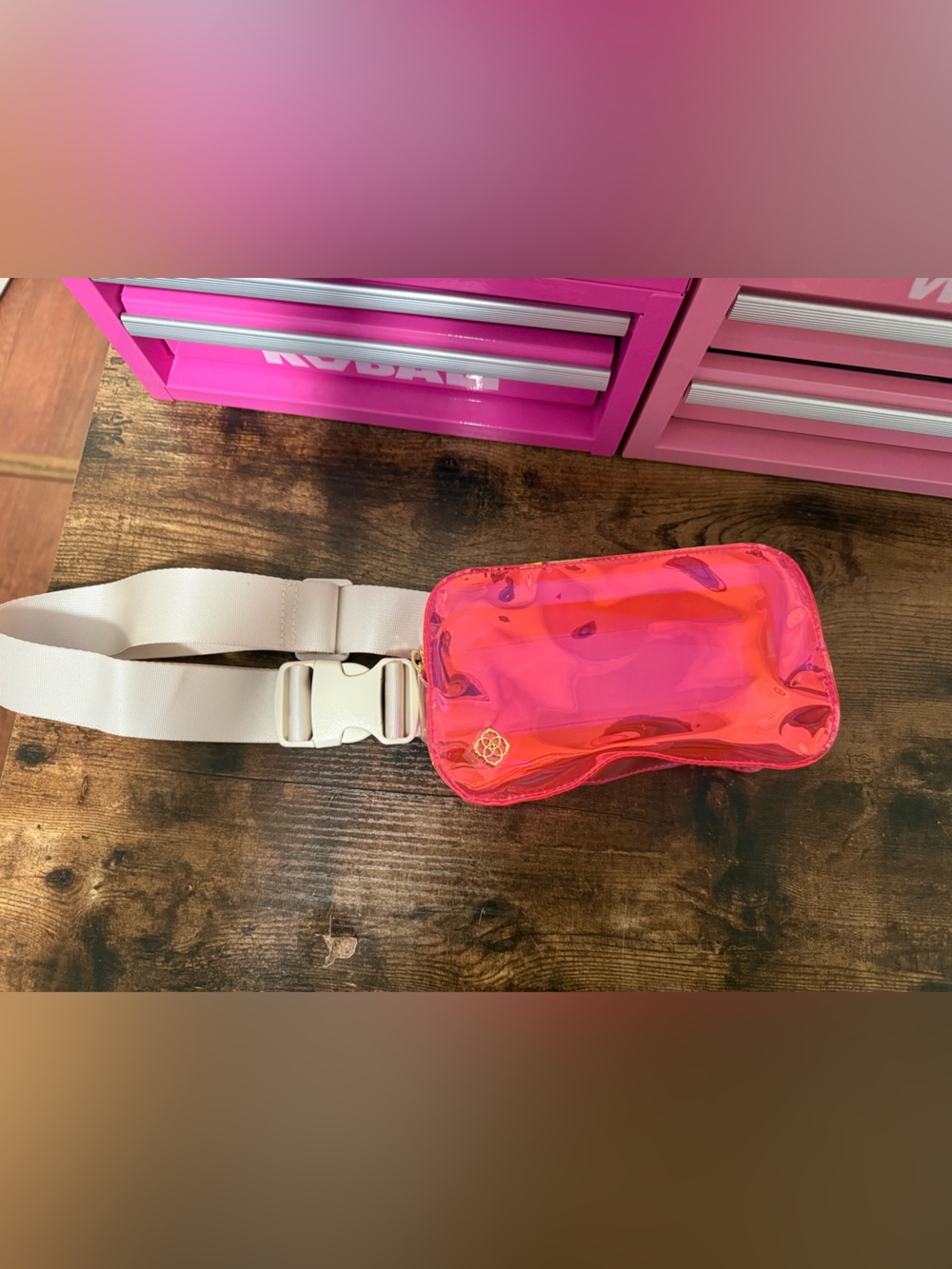 Iridescent Pink Kendra Scott Belt Bag with White Strap